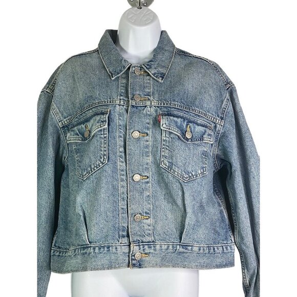 Levis Womens Jean Jacket Cropped Blue Buttons Waist Tabs Pockets Collared M New - Picture 3 of 10